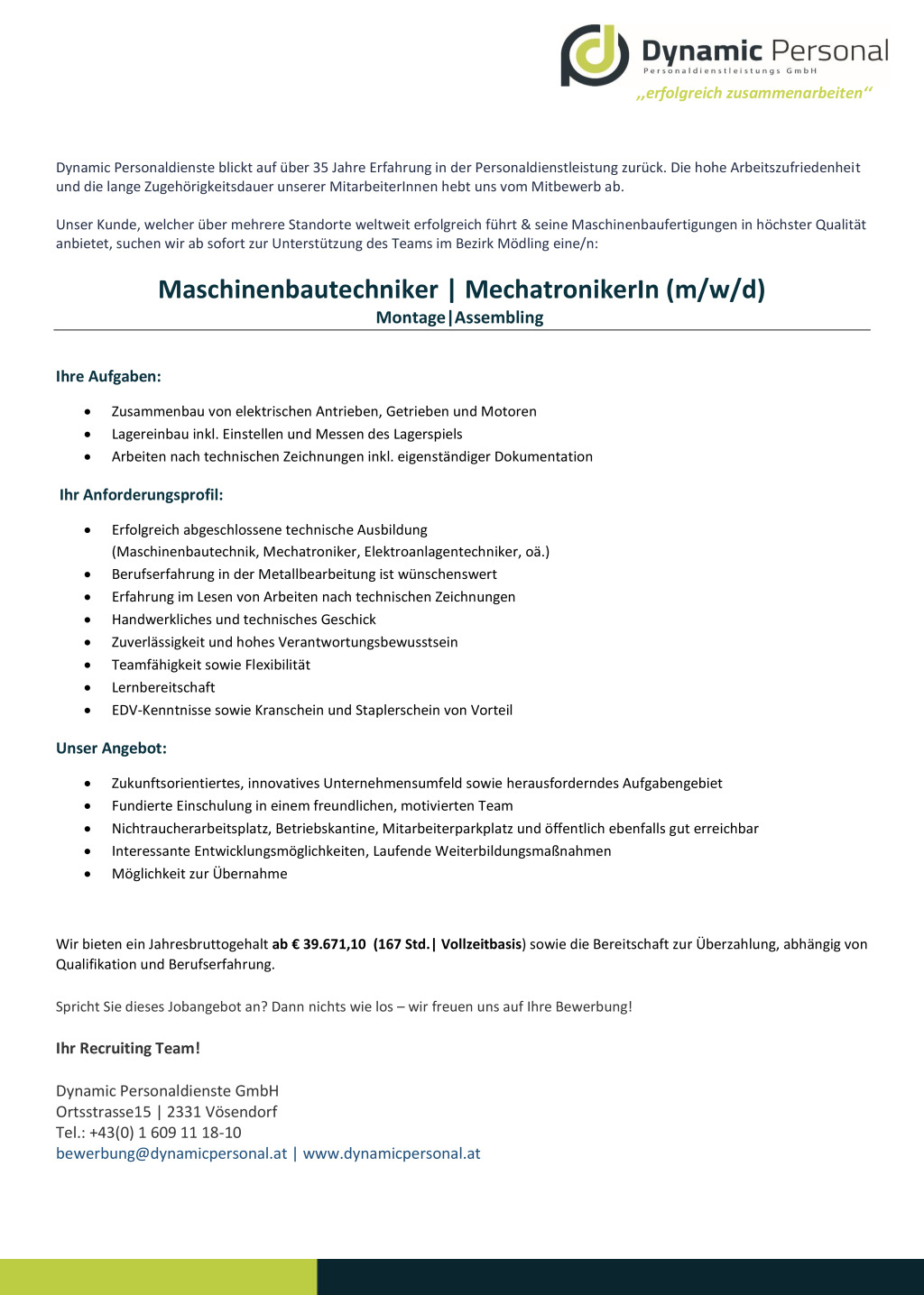 FacharbeiterIn im Bereich Montage/Assembling (m/w/d)