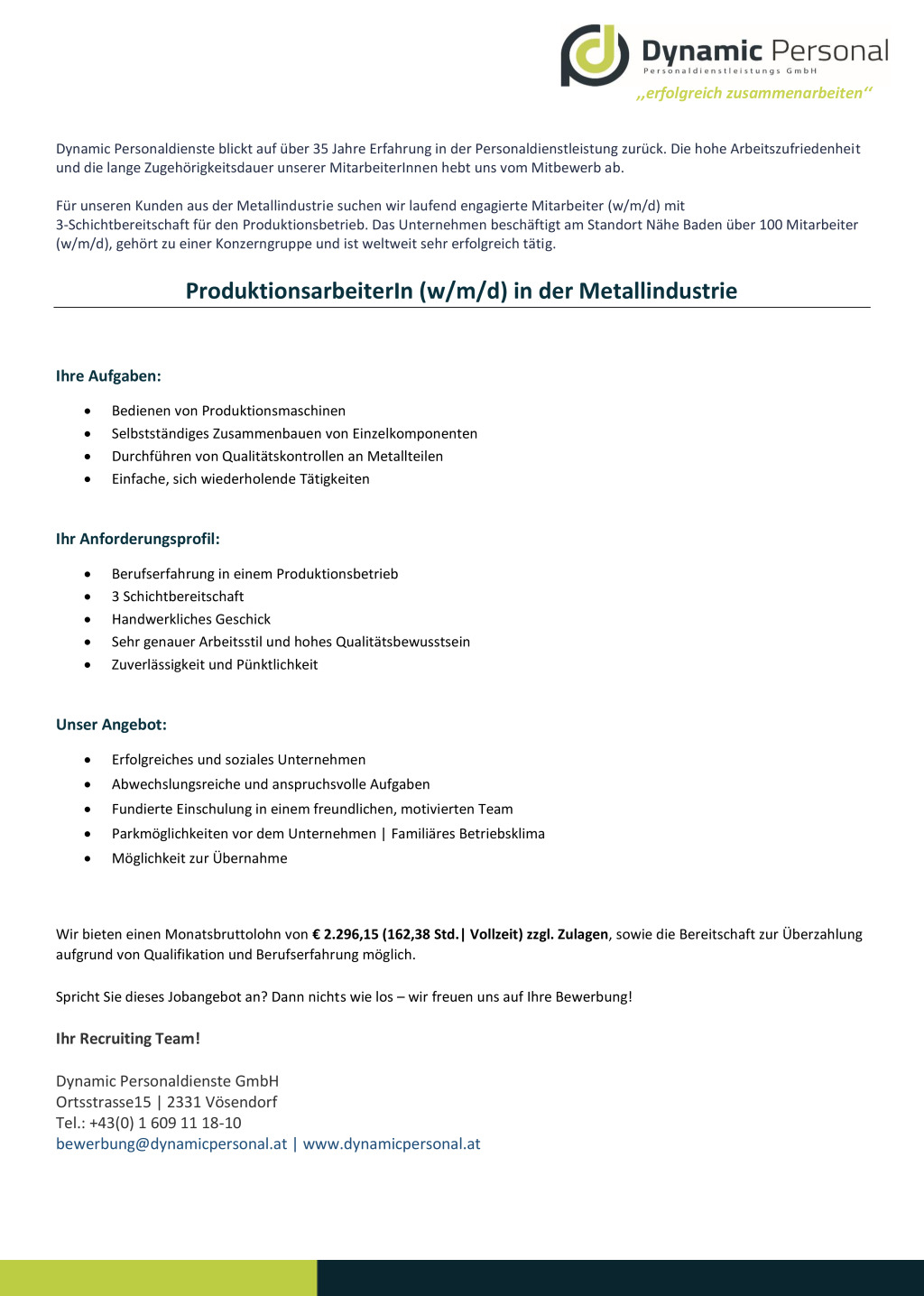 ProduktionsarbeiterIn (w/m/d) in der Metallindustrie